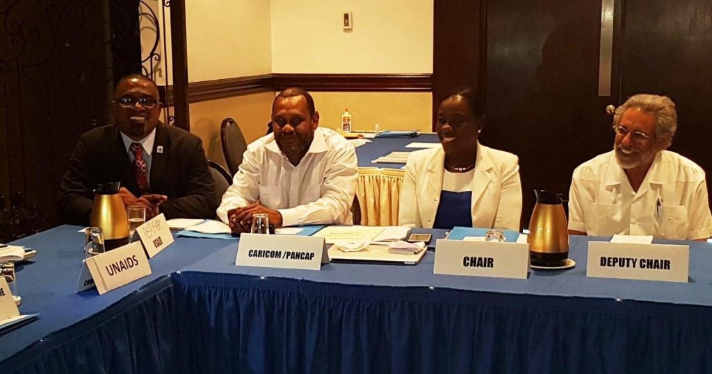 From L - R Director of the PANCAP Coordinating Unit, Mr. Dereck Springer, Prof. Donald Simeon, new Chair Hon. Nicolette Henry and new Vice Chair Prof J. Peter Figueroa during the PANCAP RCM